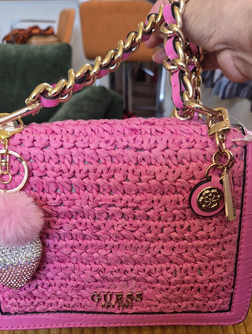 GUESS Hot Pink Woven Shoulder Bag with Gold Chain